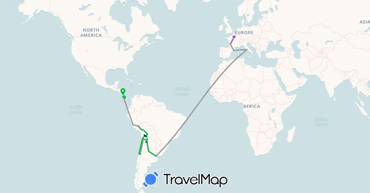 TravelMap itinerary: driving, bus, plane, train, hiking, boat in Argentina, Bolivia, Chile, Costa Rica, Spain, France, Italy, Panama, Peru (Europe, North America, South America)